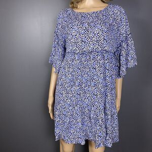 New Francesca's Swing Dress Size Small Blue Floral Bell Sleeve Tiered Ruffle